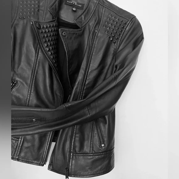 Slate & Willow Embossed Studs Moto Black 100% Leather Jacket Zipper Pockets XS/S - Picture 11 of 16